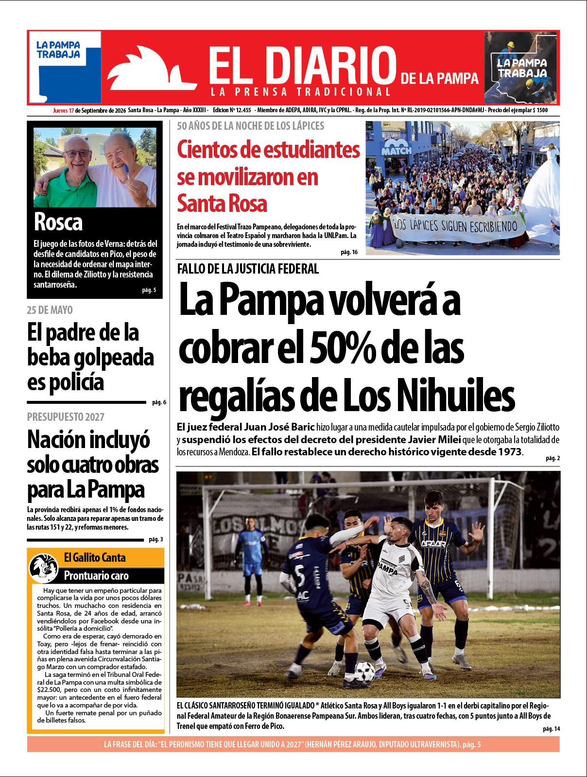 Tapa de El Diario en papel  jueves 17 de septiembre de 2026